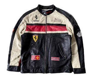 Veste en cuir Ferrari- Veste Ferrari Racing- Veste en cuir noir véritable peau de vache Hommes- Veste de moto- Veste en cuir Streetwear Biker