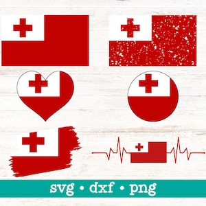 May include: A collection of red and white Tonga flag designs in various shapes. Includes a rectangle, a distressed rectangle, a heart, a circle, a brushstroke, and a heartbeat graphic. The text "svg • dxf • png" is at the bottom.