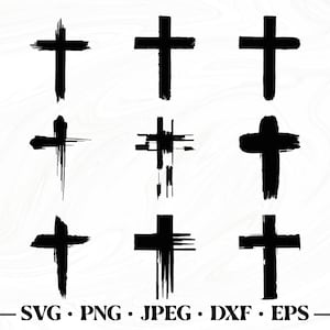May include: Nine black and white cross shapes with a brushstroke effect. The crosses are arranged in three rows of three. The crosses are all the same size and shape.