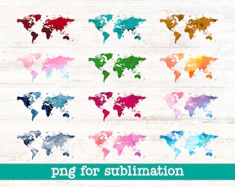 World maps clipart, Watercolor maps png, 12 World maps clipart, Watercolor continents clipart, Maps for sublimation, Instant download file