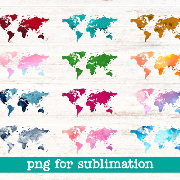 World maps clipart, Watercolor maps png, 12 World maps clipart, Watercolor continents clipart, Maps for sublimation, Instant download file