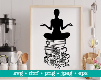 Girl on books svg, Book reading svg, Book meditation svg, Reading svg, Book lover svg, Book quotes svg, Library svg, Book reader svg