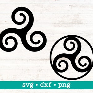 Può includere: Due immagini in bianco e nero di un simbolo triskelion, un design a spirale a tre parti. Un'immagine è un triskelion semplice, l'altra è un triskelion all'interno di un cerchio.