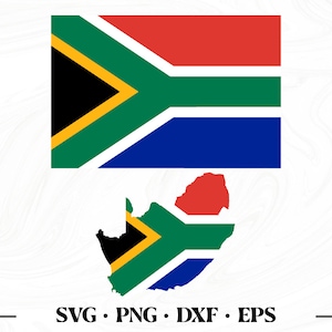 Puede incluir: Una bandera de Sudáfrica con los colores rojo, amarillo, verde, negro y azul. La bandera se muestra junto a un contorno del país de Sudáfrica, también en los colores de la bandera.