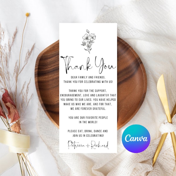 Minimalist thank you place card, Thank you template, Thank you napkin note, Thank you printable, Wedding table template, Place setting