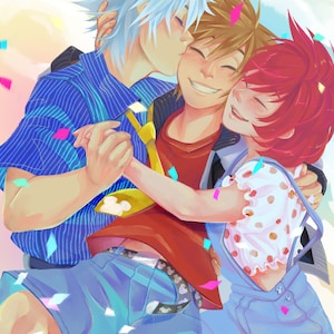May include: Digital illustration of three animated characters embracing and smiling. One character is kissing another on the cheek. The characters are surrounded by confetti and are wearing casual clothing.