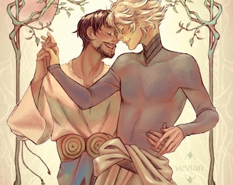 May include: Illustration of two men dancing, holding hands, and embracing. The artwork features a warm color palette with a decorative tree-like border. One man has dark hair and a beard, while the other has light hair. The image has a romantic theme.