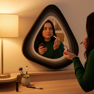 May include: A unique, teardrop-shaped mirror with a layered black, gray, and white frame. A person is reflected in the mirror, applying makeup with brushes and a compact. Makeup brushes and a small succulent plant are on the wooden vanity.