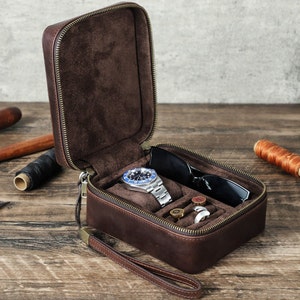 Personalized Leather Watch Case, Travel Accessory Box, Glasses Travel Case, Bracelet Earrings Ring Storage Box, Cufflink Jewelry Organizer