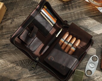 Personalized Leather Cigar Case, Travel Cigar Box, Full Grain Leather Cigar Holder, Cigar Accessories Kit for Men, Gift for Him, Father Gift