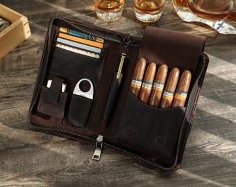 Personalized Leather Cigar Case, Travel Cigar Box, Full Grain Leather Cigar Holder, Cigar Accessories Kit for Men, Gift for Him, Father Gift