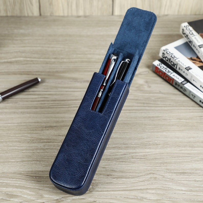 Personalized Fountain Pen Case, 2 slots Leather Pen Holder, Travel Pen Box, Pen Case Organizer, Luxury Pen Display, Handmade Gift For Men Navy