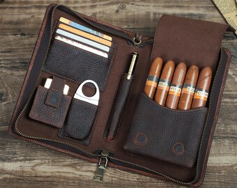 Personalized Leather Cigar Case, Travel Cigar Box, Full Grain Leather Cigar Holder, Cigar Accessories Kit for Men, Gift for Him, Father Gift