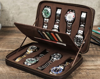 Personalized Leather Watch Box, 8 Slots Watch Storage Case, Zipper Watch Travel Case, Watch Display Case With Card Holder, Father Gift