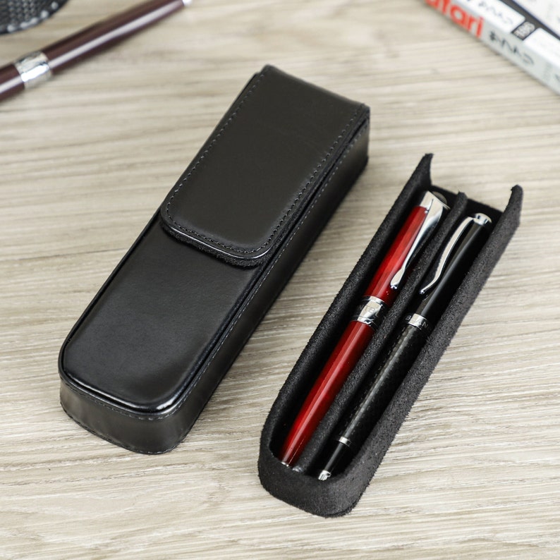 Personalized Fountain Pen Case, 2 slots Leather Pen Holder, Travel Pen Box, Pen Case Organizer, Luxury Pen Display, Handmade Gift For Men Black