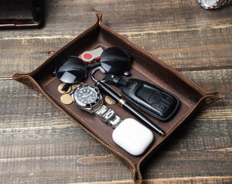 Personalized Leather Valet Desk Tray,Handmade Customize Tray, Desk Office Storage Organizers, Tray Gift For Dad For Father's Day,Men's Gift