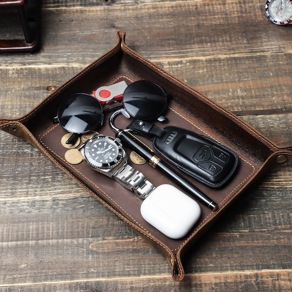 Personalized Leather Valet Desk Tray,Handmade Customize Tray, Desk Office Storage Organizers, Tray Gift For Dad For Father's Day,Men's Gift