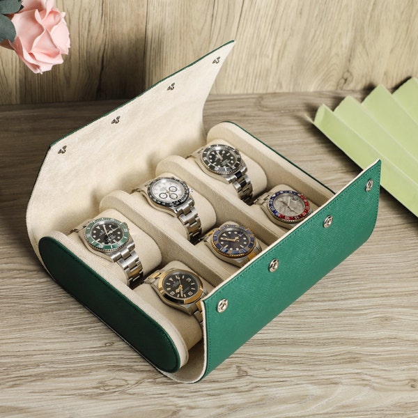 Boîte de rangement personnalisée pour montres à 6 emplacements, rouleau de montre en cuir saffiano, étui pour montre de voyage, organisateur d'affichage de montre, support de montre pour homme