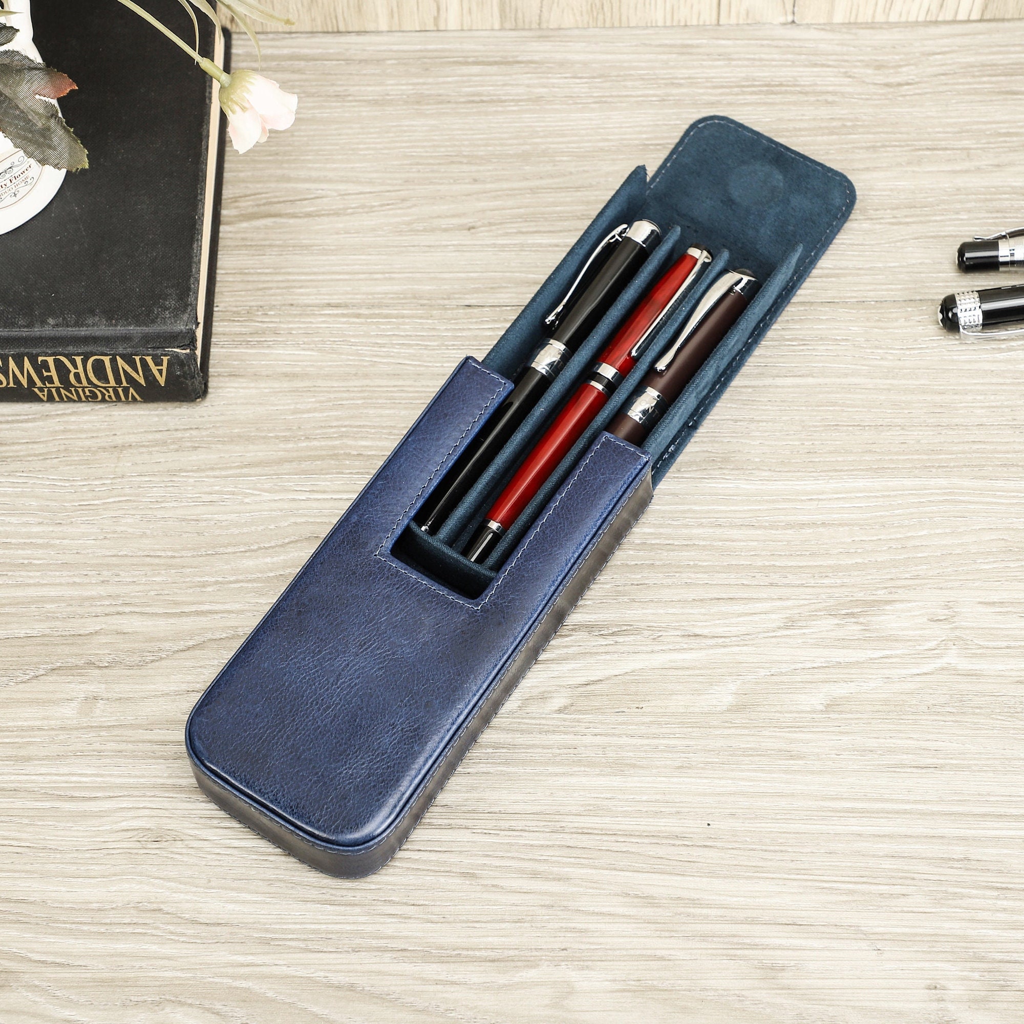 3 Slot Pen Case for Fountain Pens, Leather Triple Pen Case, Three Pen Flap  Case, Pen Pouch Personalised Lawyer Gift for Women, Pencil Case 
