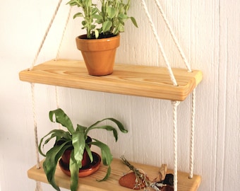 Reclaimed Wood Floating Plant Shelf: Boho Rope Hanging Shelves