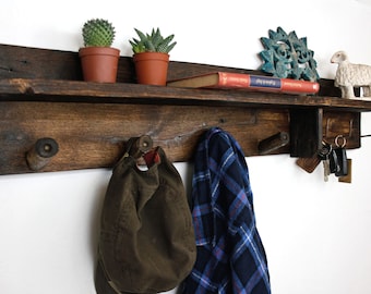 Farmhouse coat rack, made out of reclaimed wood. Entry way organizer with wood shelf and key holder, rustic coat rack