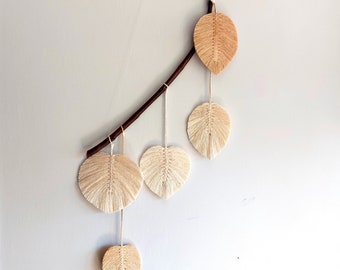 Macrame Leaf Wall Hanging Art, Real Mediterranean Fig Tree Branch. Plant Pattern, Macrame Leaf Wall Hanging Art for Farmhouse Decoration