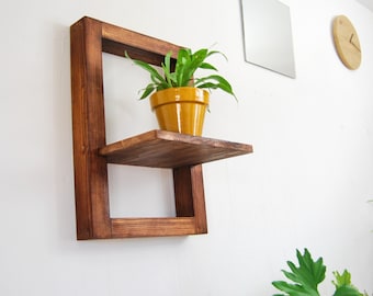 Masywna drewniana rama XL z półką, duża półka na rośliny, rustykalny styl wiejski, pływające półki, drewniana rama na zdjęcia z półką