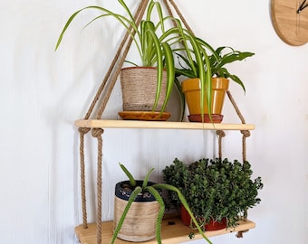 Rustic Floating Shelf: Farmhouse Wood & Jute Rope Hanging Shelves