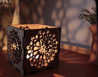 Laser Cut Gothic Tealight Lamp, Arabesque Shadow Pattern (SVG DXF PDF)