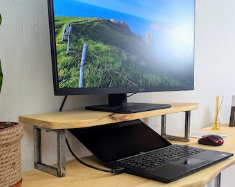 Support d'écran artisanal en bois avec pieds en métal : organiseur de bureau