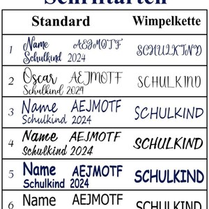 Op de afbeelding: Een tabel met zes rijen die verschillende lettertypen laten zien voor de woorden "Name" en "Schulkind" samen met het jaar "2024". De tabel toont ook de woorden "Standard" en "Wimpelkette" bovenaan.
