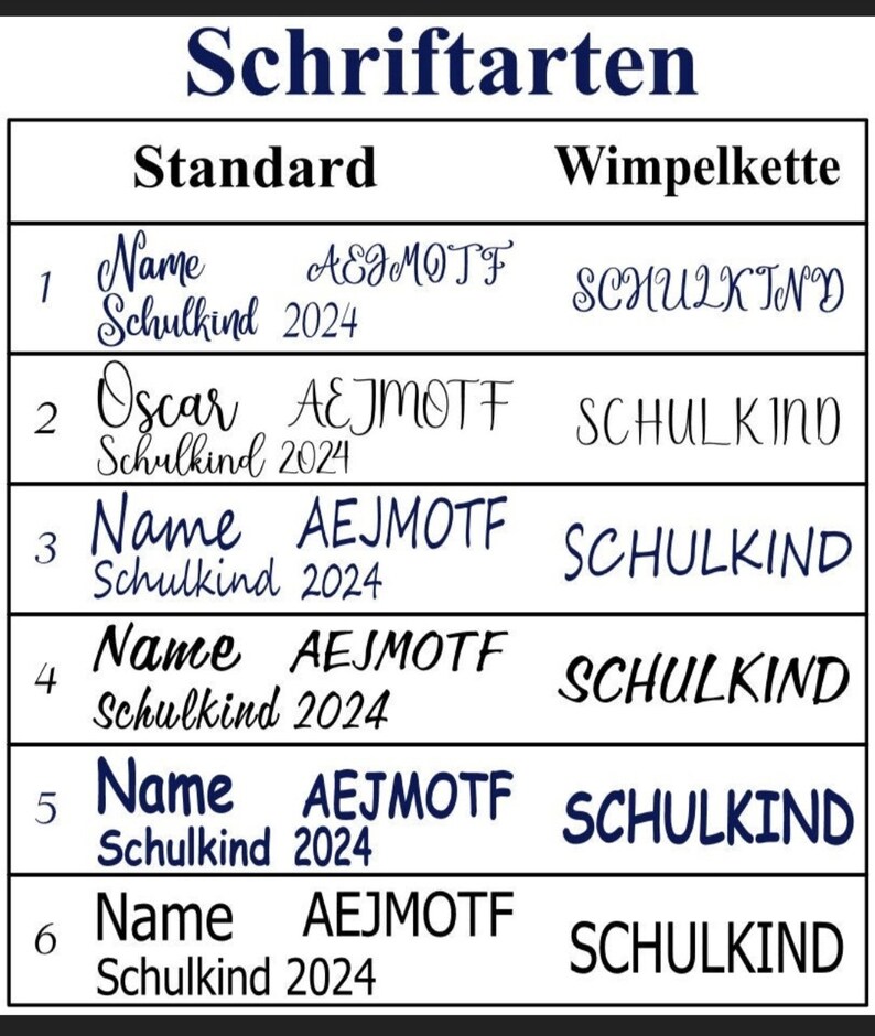 Op de afbeelding: Een tabel met zes rijen die verschillende lettertypen laten zien voor de woorden "Name" en "Schulkind" samen met het jaar "2024". De tabel toont ook de woorden "Standard" en "Wimpelkette" bovenaan.