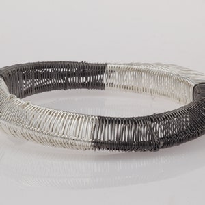 Sterling silver wire bracelet, Silver and black bracelet, Unique bangle bracelet, Statement bracelet, Art Deco bracelet, Christmas gift image 1