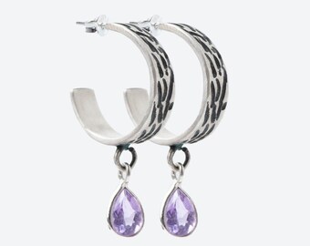 Silver handmade earrings, amethyst earrings, sterling silver 925 earrings, drop earrings, every day earrings, medium hoop earrings, unique