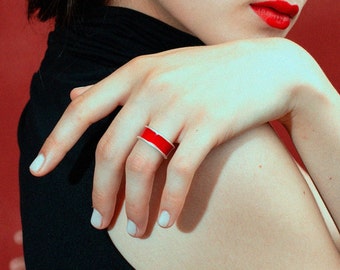 Silver handmade ring with red enamel, band ring, sterling silver ring, minimal ring, birthday gift, gift ring, love ring, statement ring