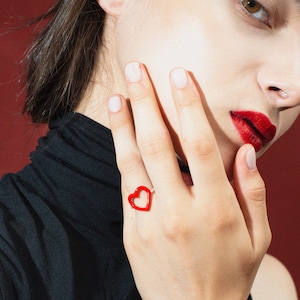 Silver heart ring, Red heart ring, Stacking ring, Handmade love ring, Promise ring, Red enamel heart ring, Love gift, Valentine's day gift