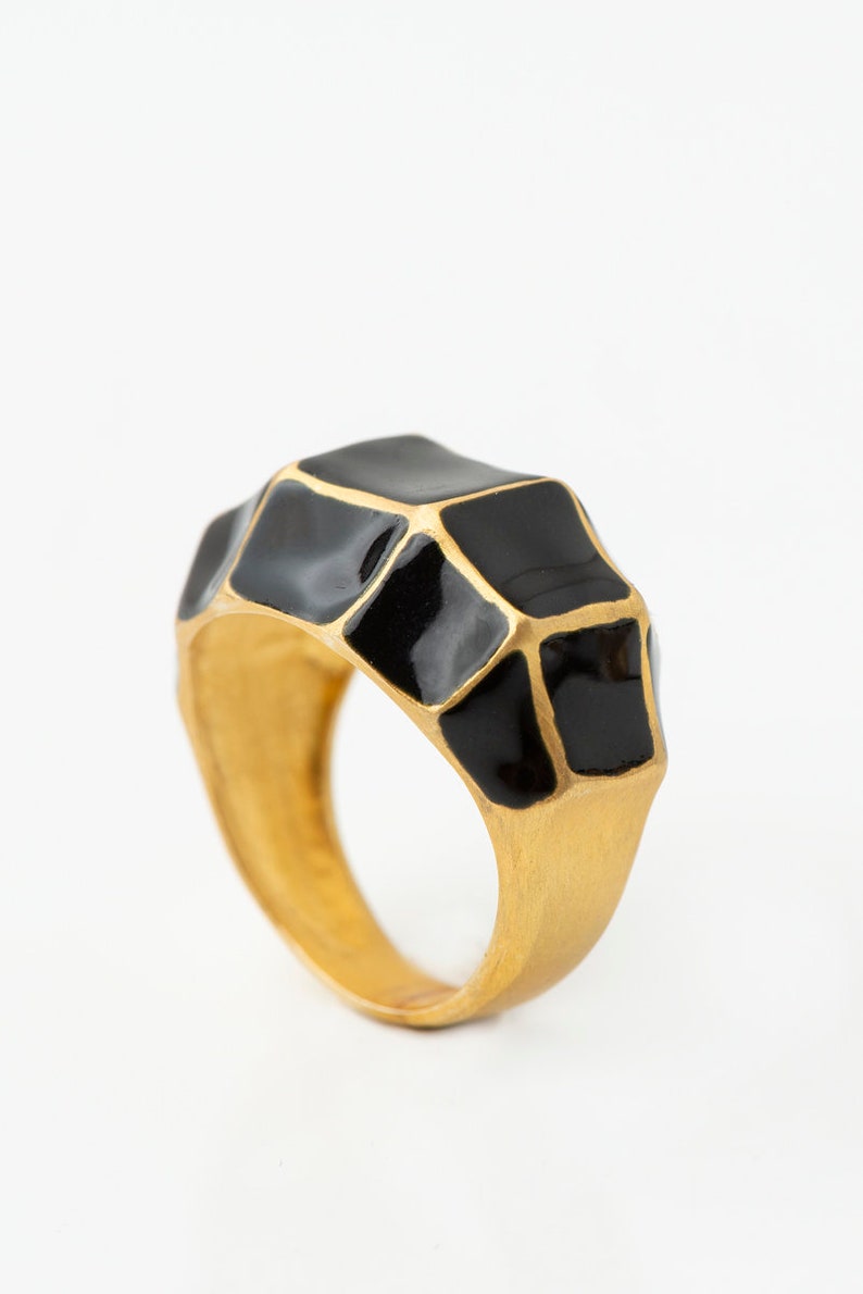 Sterling silver 925 dome ring with black enamel, chunky statement ring, Art deco ring, designer ring, Gift for her, gold 24, Unique ring image 3