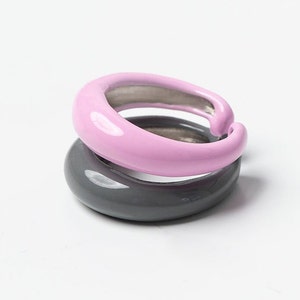 Enamel rings, Two colors rings, Colorful summer rings, Layered rings, Brass colored rings, Statement rings, Colored rings bands, Unique ring Grey & Pink