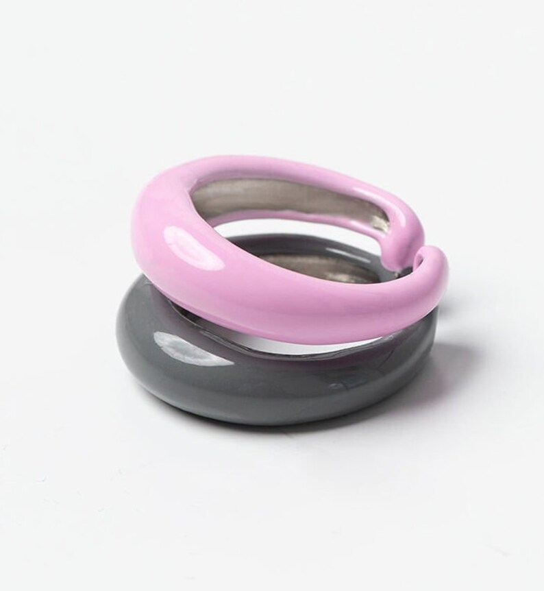 Enamel rings, Two colors rings, Colorful summer rings, Layered rings, Brass colored rings, Statement rings, Colored rings bands, Unique ring Grey & Pink