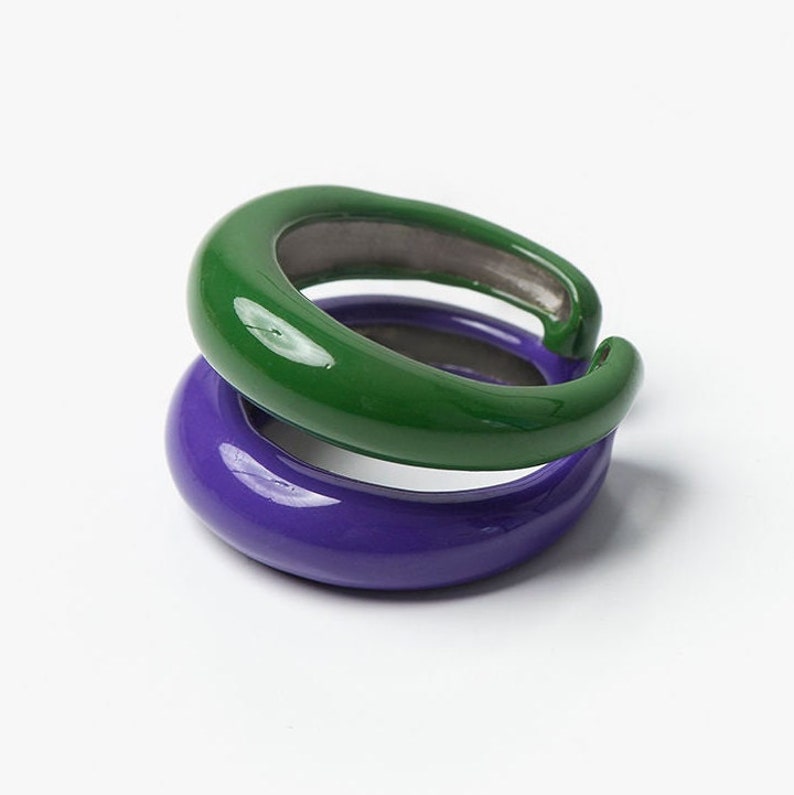 Enamel rings, Two colors rings, Colorful summer rings, Layered rings, Brass colored rings, Statement rings, Colored rings bands, Unique ring Green & Purple