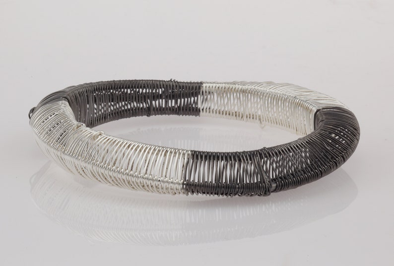 Sterling silver wire bracelet, Silver and black bracelet, Unique bangle bracelet, Statement bracelet, Art Deco bracelet, Christmas gift image 1