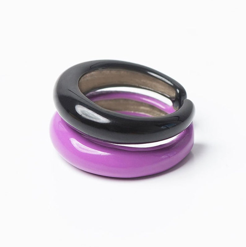 Enamel rings, Two colors rings, Colorful summer rings, Layered rings, Brass colored rings, Statement rings, Colored rings bands, Unique ring Black & lilac