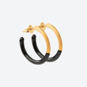 Two tone hoop earrings, Black and gold hoops, Medium hoop earrings, Sterling silver earrings, Enamel earrings, Every day earrings, Love gift image 1