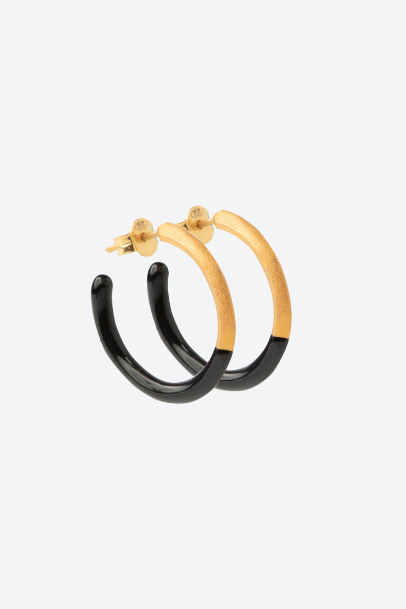 Two tone hoop earrings, Black and gold hoops, Medium hoop earrings, Sterling silver earrings, Enamel earrings, Every day earrings, Love gift image 1