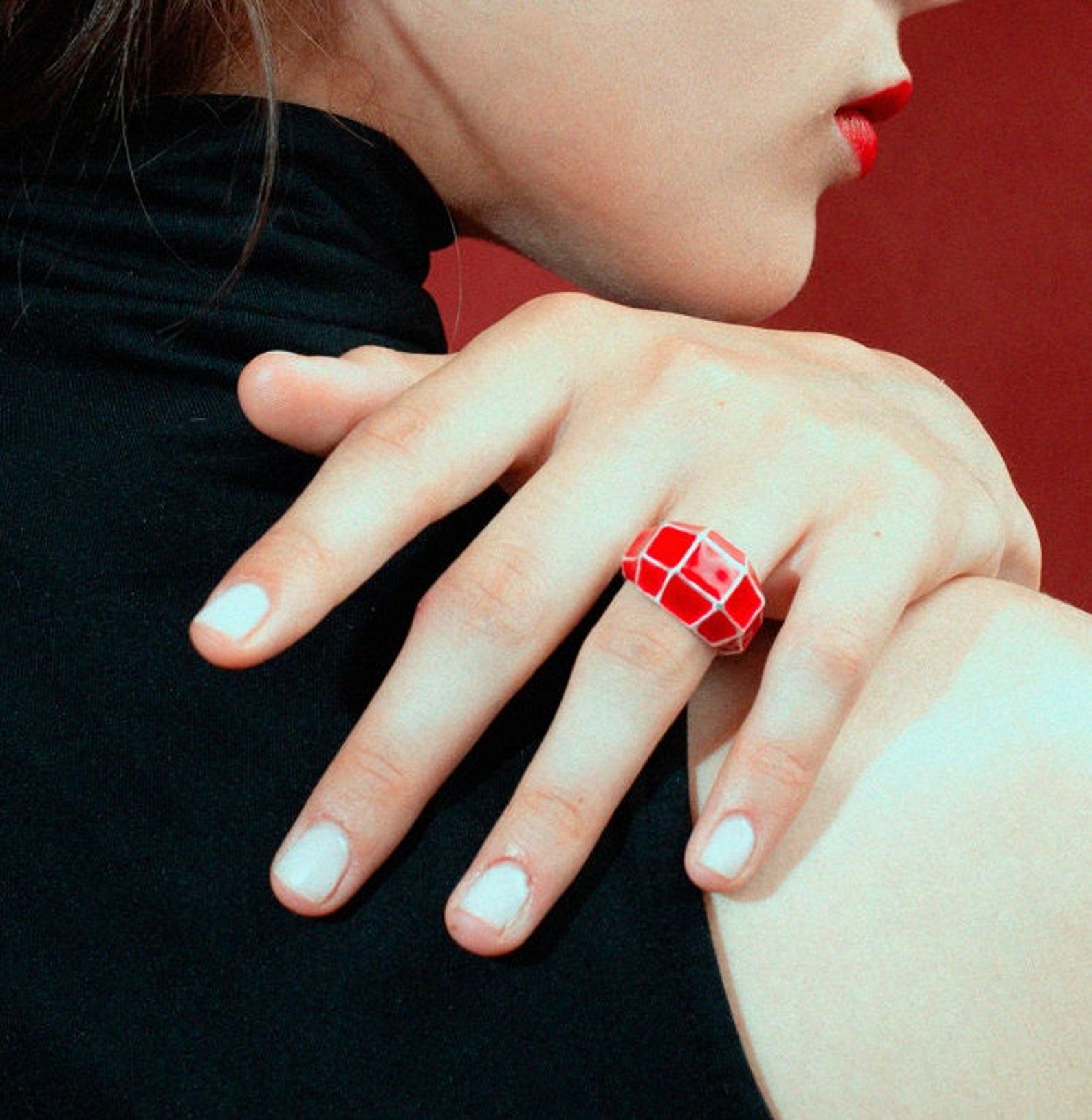 Sterling Silver 925 Dome Ring With Red Enamel, Chunky Statement Ring ...
