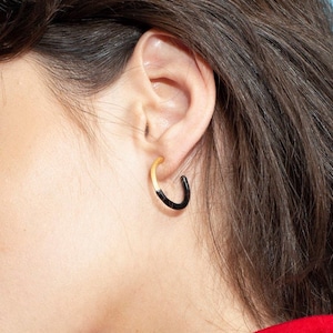 Two tone hoop earrings, Black and gold hoops, Medium hoop earrings, Sterling silver earrings, Enamel earrings, Every day earrings, Love gift image 3