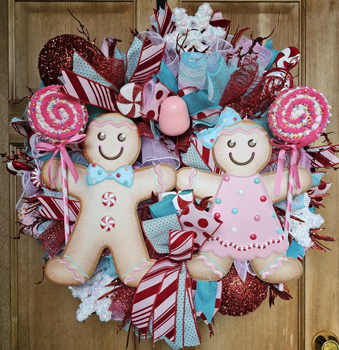Pastel Pink and Blue Gingerbread Wreath for Front Door, Christmas ...