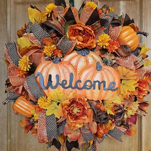 Fall Pumpkin Welcome Wreath | Autumn Front Door Decor | Thanksgiving Wreath | Handmade Fall Mesh Wreath | Farmhouse Porch Decor