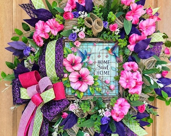 Pink Hibiscus Hummingbird Wreath/ Tropical Summer Front Door Wreath/Home Sweet Home Floral Wreath/Spring Decor & Wreath