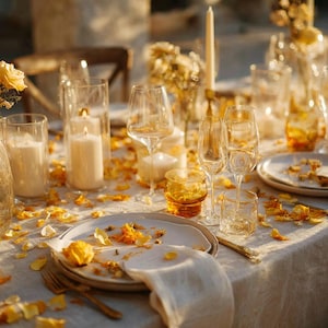 May include: A beautifully set table with white plates, wine glasses, and candles. The table is decorated with yellow flower petals and a white tablecloth, creating an elegant and inviting atmosphere. Gold cutlery and small glass tumblers complete the setting.